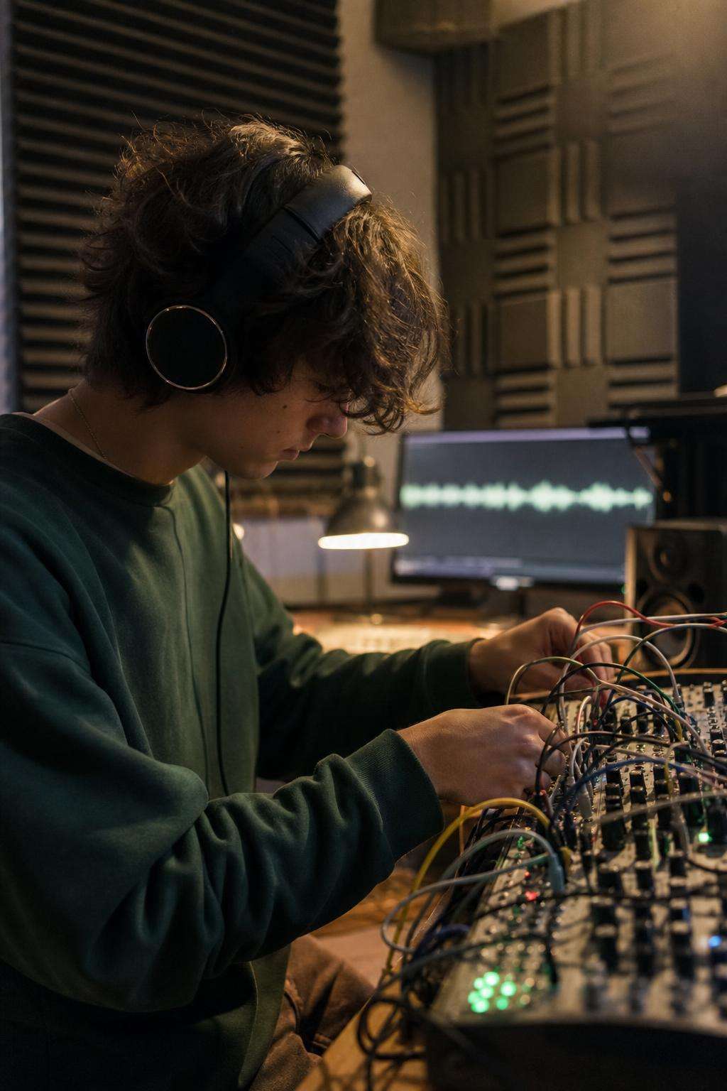 A student patching cables on a modular synthesiser under a lamp