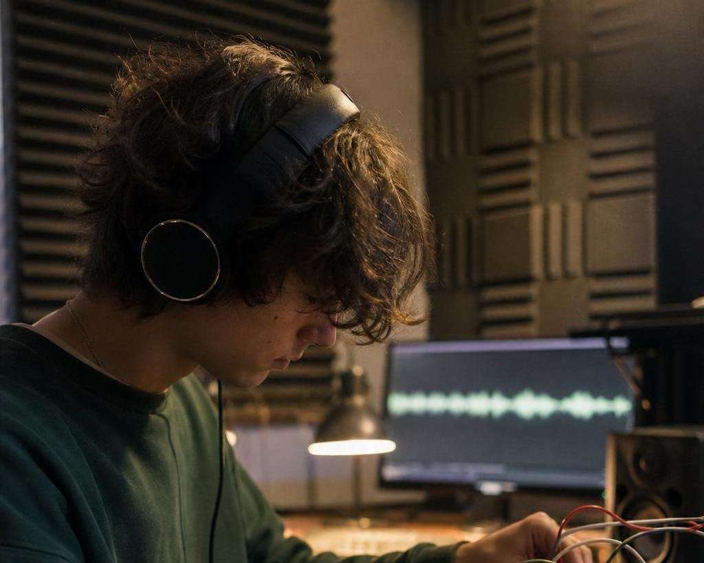 A student in headphones working at a mixing desk in the sound lab